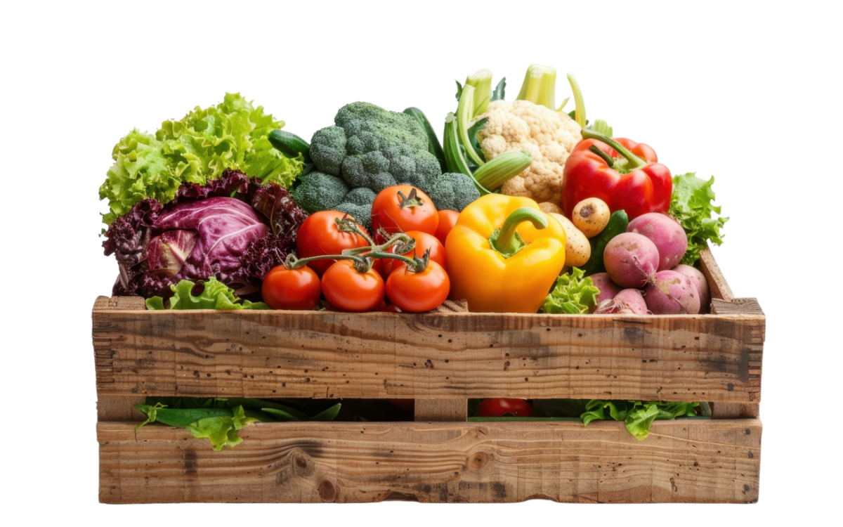 Biokiste mit frischem Obst und Gemüse